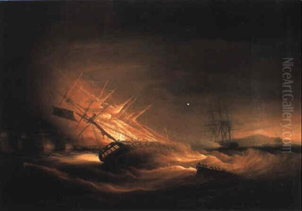 H.m.s. Lively Ablaze Off Rota Point, Cadiz, 12 April 1798 Oil Painting by William John Huggins