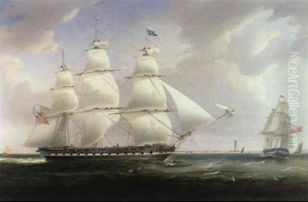 A Ship In Two Positions Off A Lighthouse Oil Painting by William John Huggins