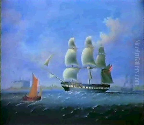 A Frigate And A Brig In A Breeze Passing Kronborg Castle Oil Painting by William John Huggins