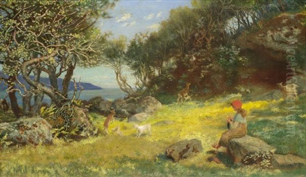 Goats At Play Oil Painting by Arthur Hughes