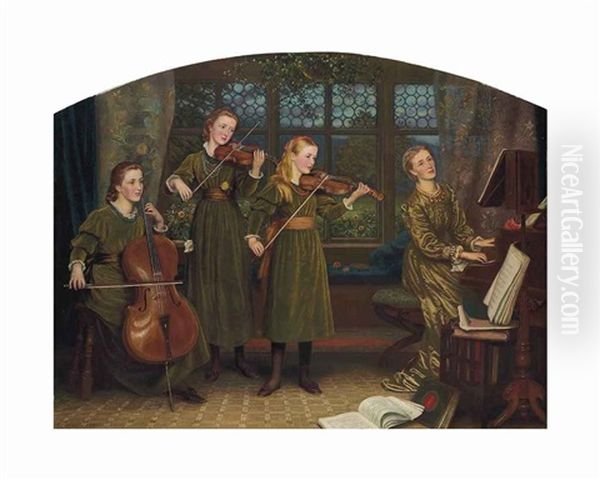 The Home Quartette: Mrs Vernon Lushington And Her Children Oil Painting by Arthur Hughes