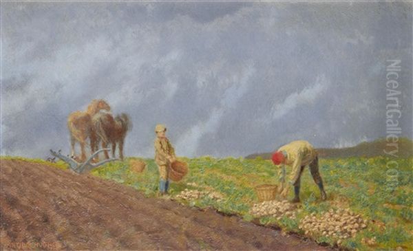 Potato Harvest Oil Painting by Arthur Hughes