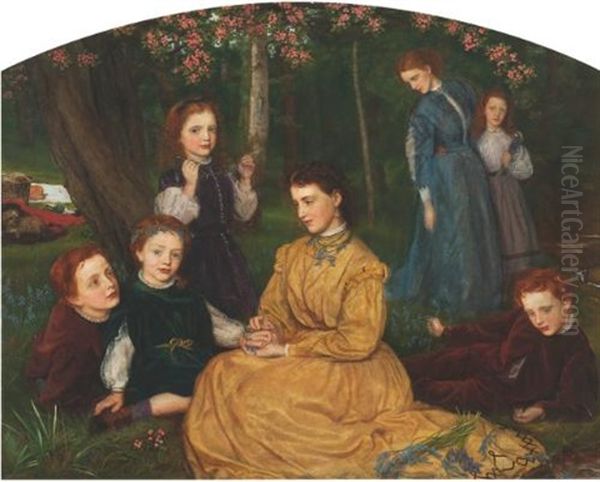 A Birthday Picnic - Portraits Of The Children Of William And Anne Pattinson Esq. Of Felling, Near Gateshead Oil Painting by Arthur Hughes