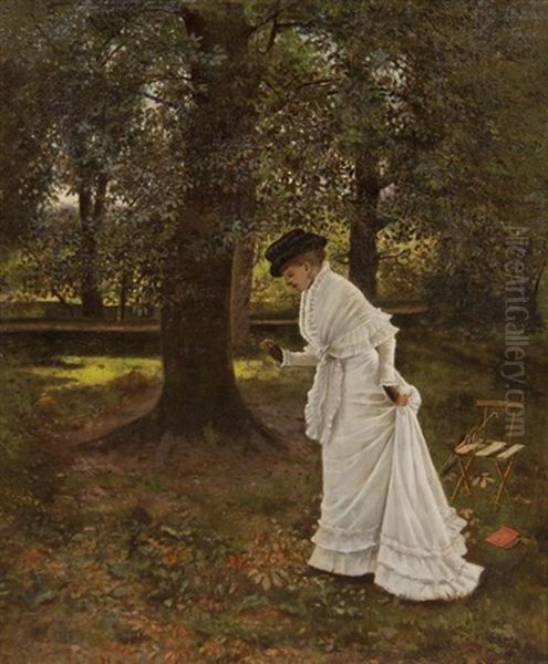 Woman In A Park Oil Painting by Arthur Hughes