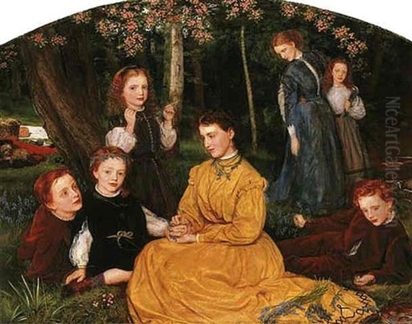 A Birthday Picnic - Portraits Of The Children Of William And Anne Pattinson Of Felling, Near Gateshead Oil Painting by Arthur Hughes