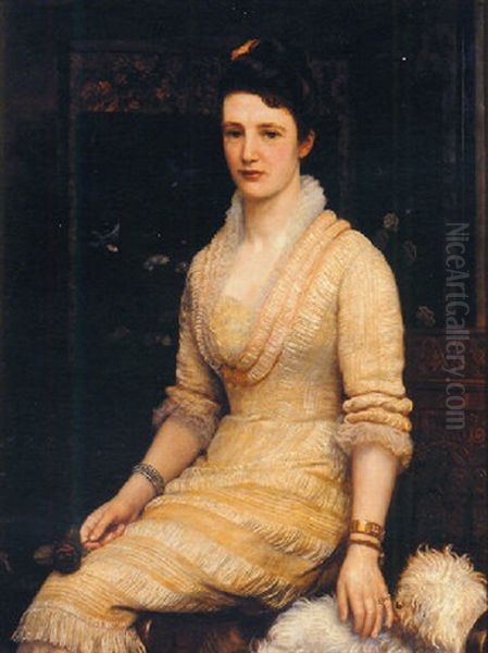 Portrait Of A Lady, Seated, With An Oriental Screen Behind Oil Painting by Arthur Hughes