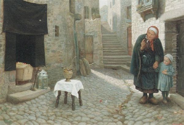 The Old Neighbour Gone Before : A Street Episode In Brittany Oil Painting by Arthur Hughes