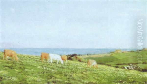 Cattle In A Clifftop Meadow Oil Painting by Arthur Hughes