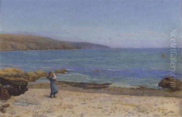 A Girl And Child On A Beach Oil Painting by Arthur Foord Hughes