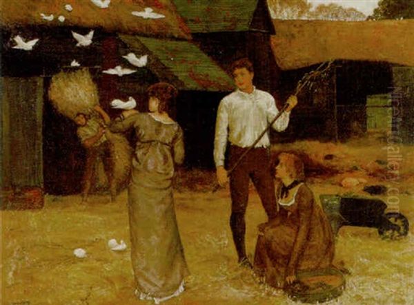 The Farmyard Doves Oil Painting by Arthur Foord Hughes