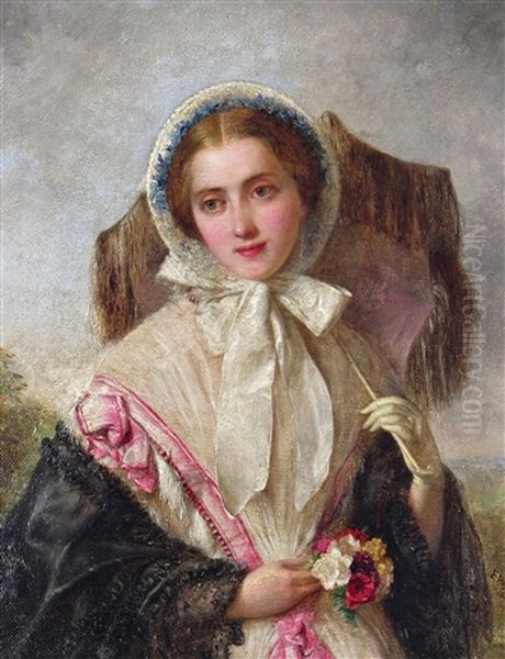 Portrait Of A Young Lady With A Parasol And Flowers by Edward Hughes