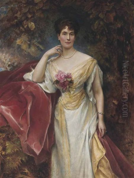 Portrait Of A Lady Wearing A White Dress, With A Sapphire And Diamond Bracelet And Ring And A Pearl Necklace Oil Painting by Edward Hughes