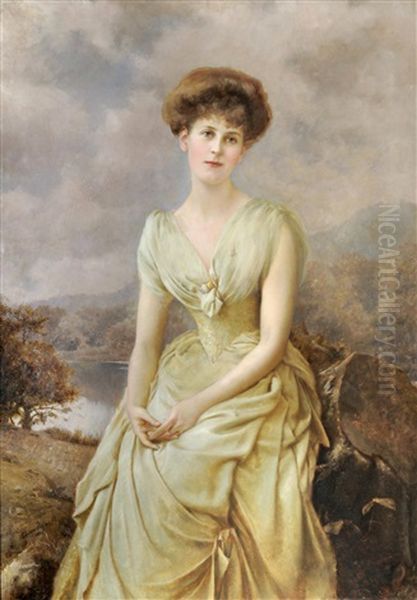 Portrait Of An Elegant Lady, Seated Three-quarter Length, Before A Lakeland Landscape Oil Painting by Edward Hughes