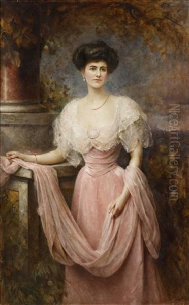 Portrait Of A Woman In A Red Dress Oil Painting by Edward Hughes