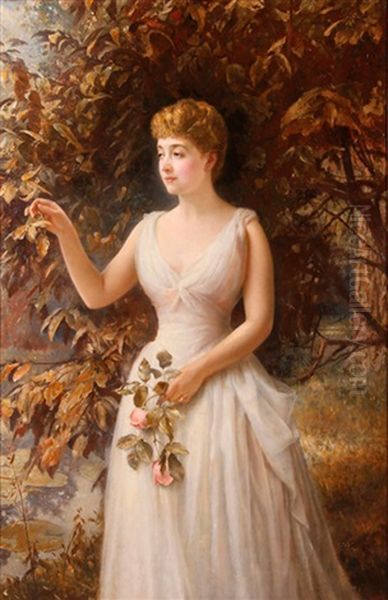 A Debutante With Roses Oil Painting by Edward Hughes