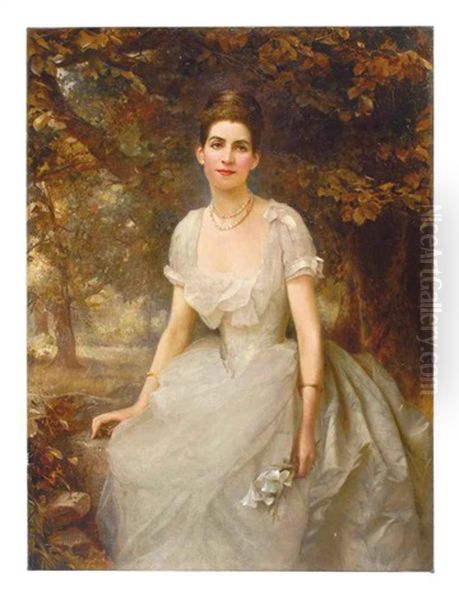 Portrait Of Vere Monckton-arundell, Seated In A White Evening Dress Holding Lilies In A Landscape Oil Painting by Edward Hughes