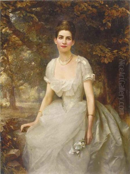 Portrait Of Vere Monckton-arundell, In A White Evening Dress Holding Lilies In A Landscape Oil Painting by Edward Hughes