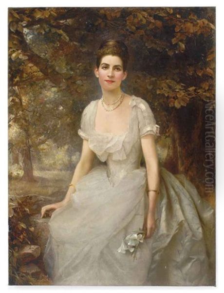 Portrait Of Vere Monckton-arundell, Seated, In A White Evening Dress Holding Lilies In A Landscape Oil Painting by Edward Hughes