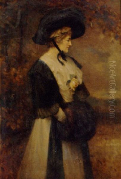 Portrait Of A Lady In A White Dress, Black Shawl And Hat, A Rose To Her Corsage, Her Hands In A Fur Muff, In A Landscape Oil Painting by Edward Hughes