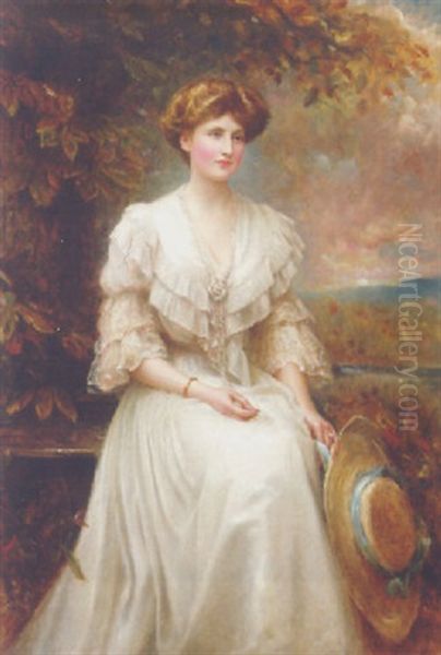 Portrait Of Lady Dorothy Meynell, In A White Dress, Holding A Straw Hat, Seated In A Landscape by Edward Hughes