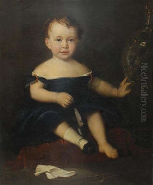 Portrait Of A Young Child In A Blue Smock, Seated On A Red Cushion Oil Painting by George Hughes