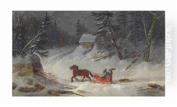 Habitants In A Berline On A Road In Winter Oil Painting by George Hart Hughes