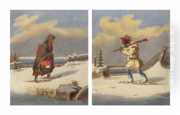 Moccasin Vendor; And An Indian Trapper (pair) Oil Painting by George Hart Hughes