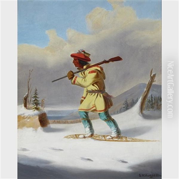 Huron On Snowshoes Oil Painting by George Hart Hughes