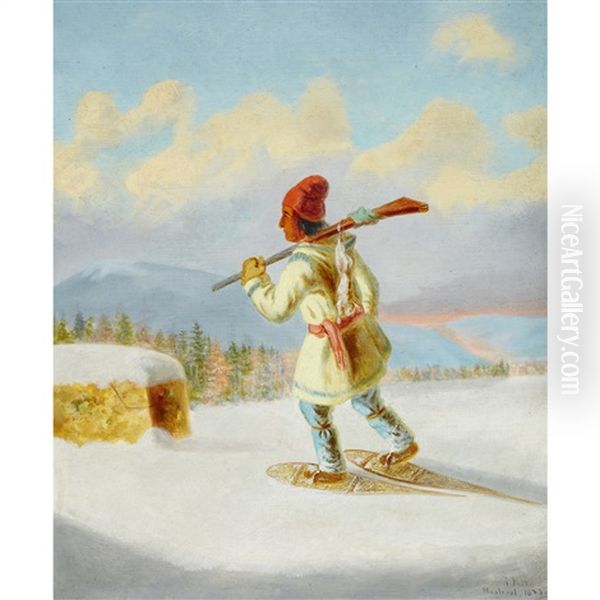 Indian Hunter On Snowshoes Oil Painting by George Hart Hughes