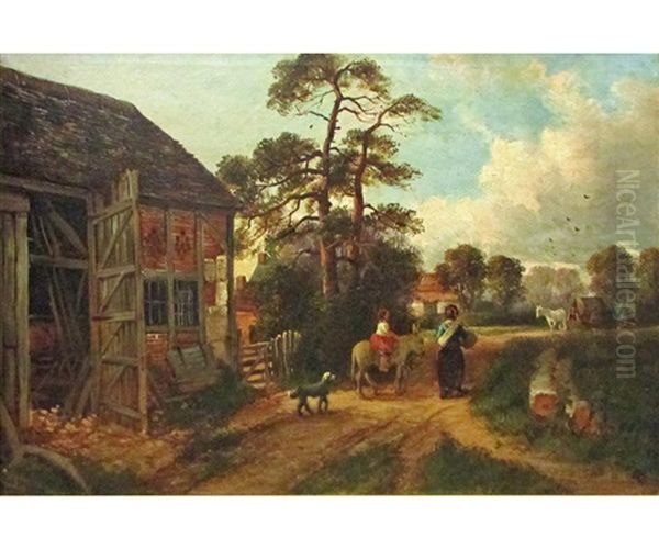 Country Landscape With Figures, Horse And Dog In Lane Oil Painting by John Joseph Hughes