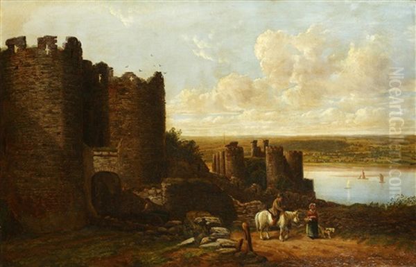 Travellers By Conway Castle Oil Painting by John Joseph Hughes