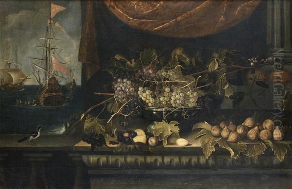 Nature Morte A La Coupe De Raisins, Aux Figues Et Divers Fruits Disposes Sur Un Entablement Devant Une Vue Maritime Oil Painting by Francisco Barrera