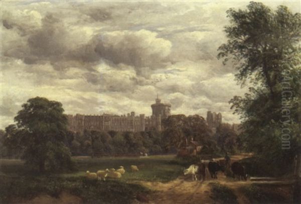 Windsor Castle With Castle, Sheep And Soldiers Oil Painting by John Joseph Hughes