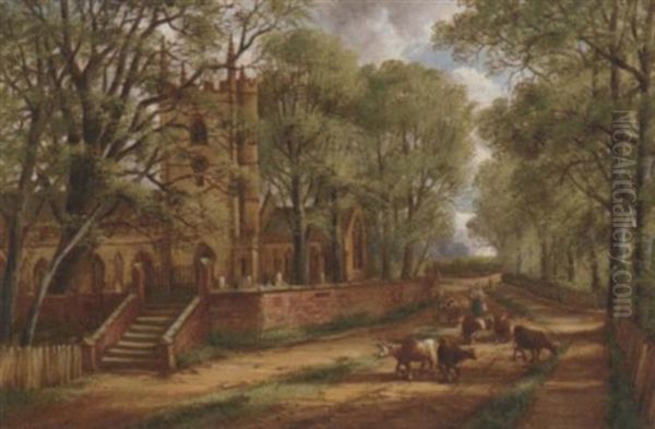 A Milkmaid With Cattle Before A Church Oil Painting by John Joseph Hughes