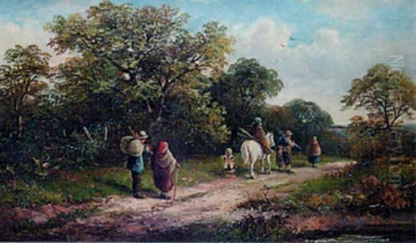 Country Landscape With Figures On A Road In The Foreground Oil Painting by John Joseph Hughes