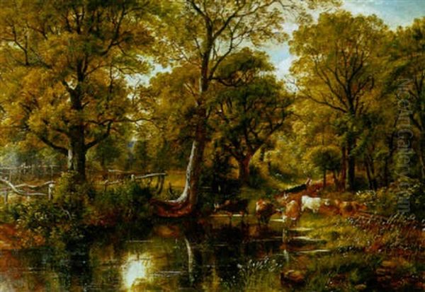 Cattle Watering At A Wooded Pond Oil Painting by John Joseph Hughes