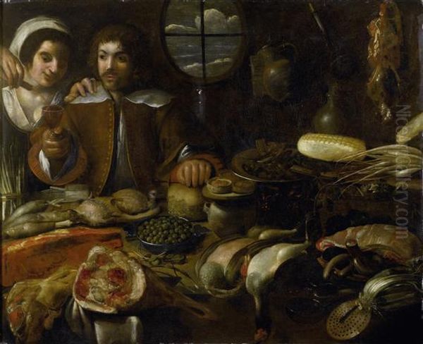 Large Still Life With Apeasant Couple In A Kitchen Oil Painting by Francisco Barrera