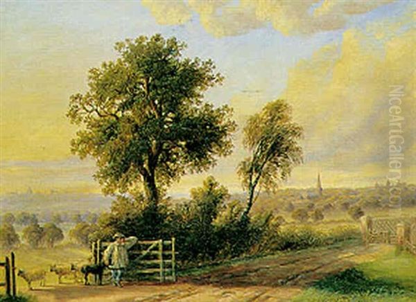 Sommerlandskab Med Lille Hyrdedreng Ved Et Led, I Baggrunden Birmingham Oil Painting by John Joseph Hughes