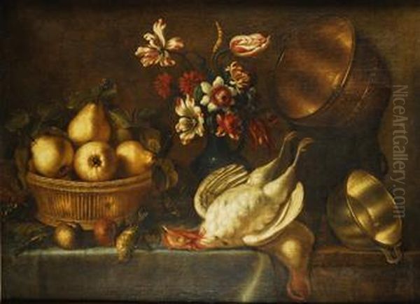 Bodegan: Cesta De Peras, Florero, Gallinas Y Utensilios De Cobre Sobre Una Mesa Oil Painting by Francisco Barrera