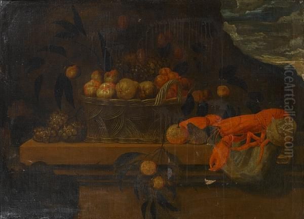 Lobster, Pineapples And A Woven Basket Filledwith Pears, Apples And Grapes, On A Stone Ledge Oil Painting by Francisco Barrera