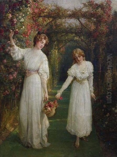 Two Young Ladies Picking Roses In An Arbor Oil Painting by Talbot Hughes