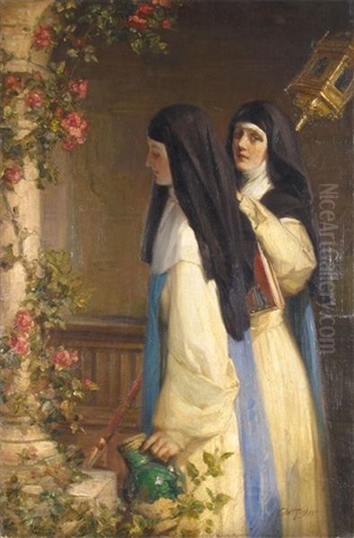 Watering The Roses; In The Convent Oil Painting by Talbot Hughes