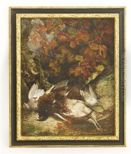 Still Life Of Game With Pheasants, Woodcock And Autumn Leaves Oil Painting by William Hughes