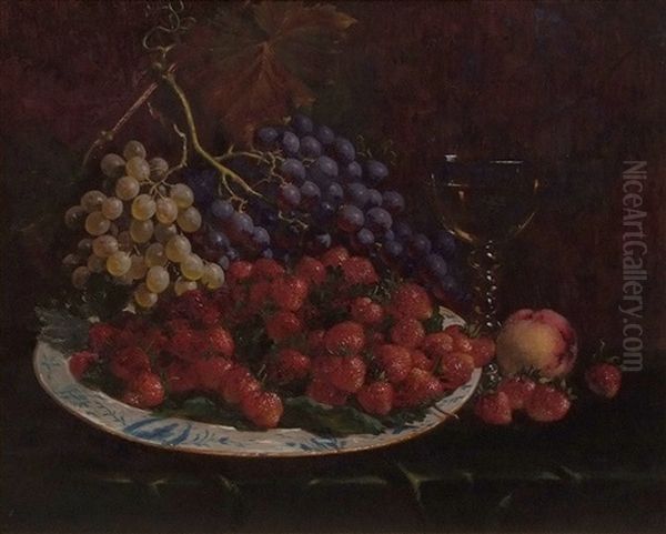 Still Life Study Of Mixed Fruit On A Blue And White Platter On A Table Ledge Oil Painting by William Hughes