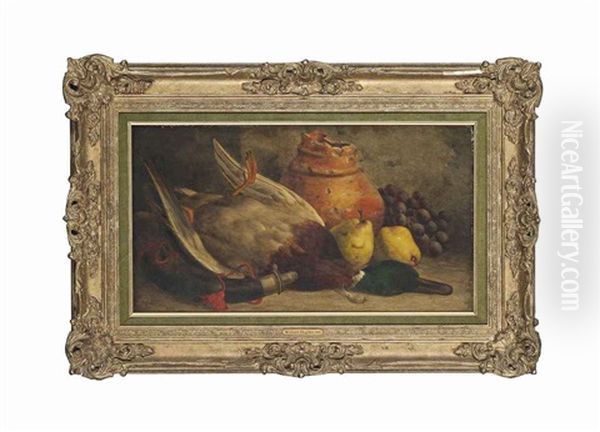 A Duck, Pears, Grapes And Pot, With A Casket To The Side Oil Painting by William Hughes