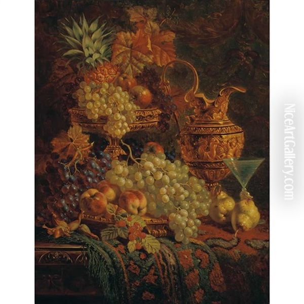 Still Life With Fruit And Ewer On A Table Top Oil Painting by William Hughes