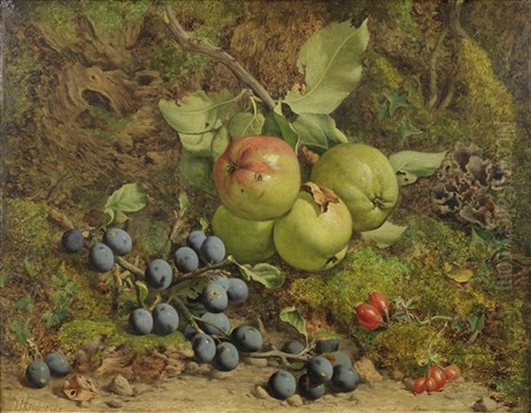 Still Life Of Apples, Damsons, Rose Hips And Fungus In A Wild Setting Oil Painting by William Hughes