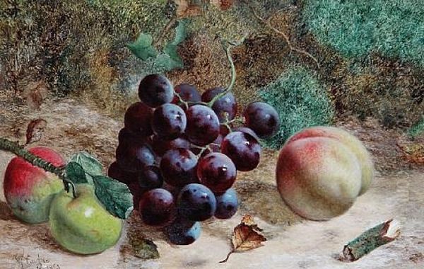 Grapes, Apples And A Peach On A Mossy Bank (+ Still Life Of Apples And A Pear; Pair) Oil Painting by William Hughes