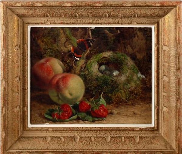 Still Life Of A Bird's Nest, Fruit And A Red Admiral Butterfly On A Mossy Bank Oil Painting by William Hughes