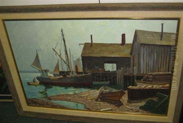 Docked Fishing Boat Oil Painting by William Hughes